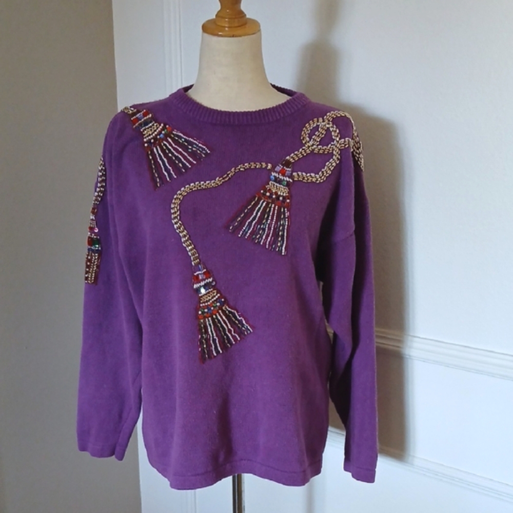 90s Victoria Harbour Purple Sweater With Bead And Sequin Tassel Embroidery